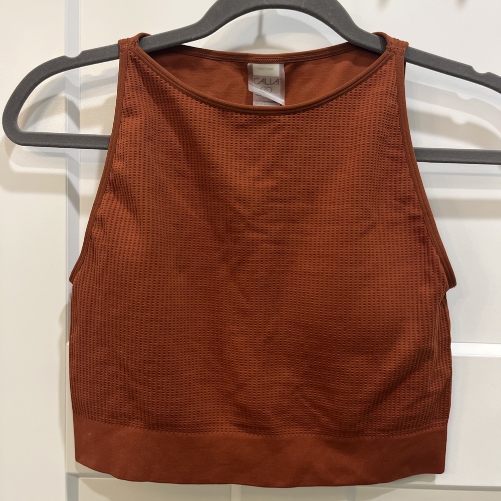 Calia Burnt Orange Ribbed Seamless High Neck Crop Tank Top Built-In Bra Sz Large